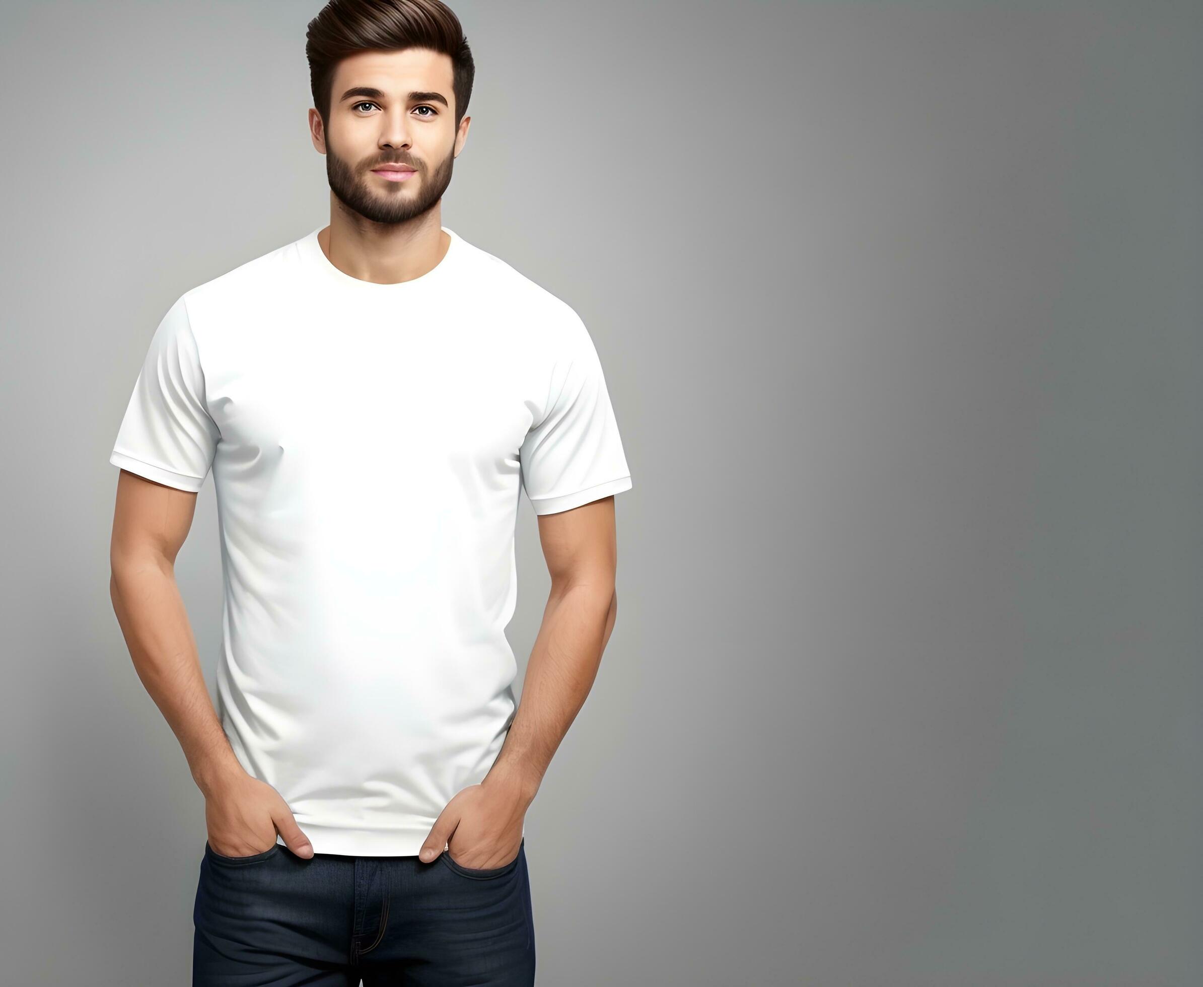 young man wearing blank white t shirt mockup print presentation mockup ai generate free photo